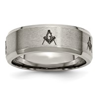 Chisel Titanium Brushed and Polished Masonic Laser Design 8mm Beveled Edge Band view 1