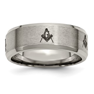 Chisel Titanium Brushed and Polished Masonic Laser Design 8mm Beveled Edge Band