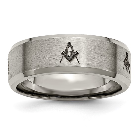 Chisel Titanium Brushed and Polished Masonic Laser Design 8mm Beveled Edge Band