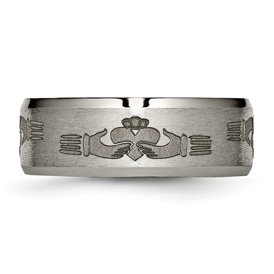 Chisel Titanium Brushed and Polished Claddagh Laser Design 8mm Beveled Edge Band