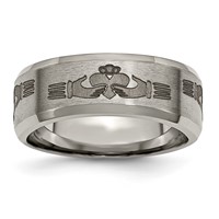 Chisel Titanium Brushed and Polished Claddagh Laser Design 8mm Beveled Edge Band view 1