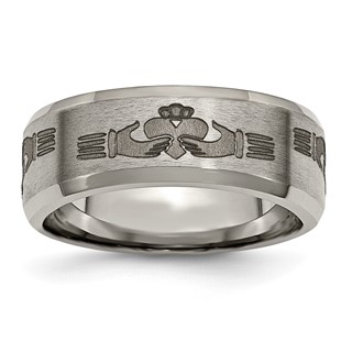 Chisel Titanium Brushed and Polished Claddagh Laser Design 8mm Beveled Edge Band