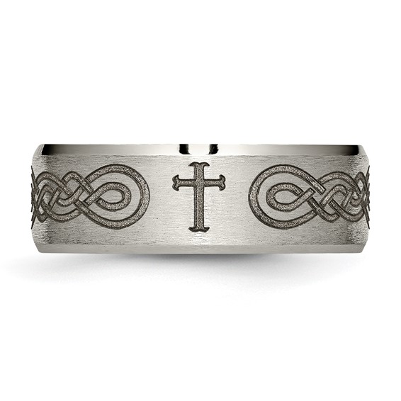 Chisel Titanium Brushed and Polished Cross Laser Design 8mm Beveled Edge Band