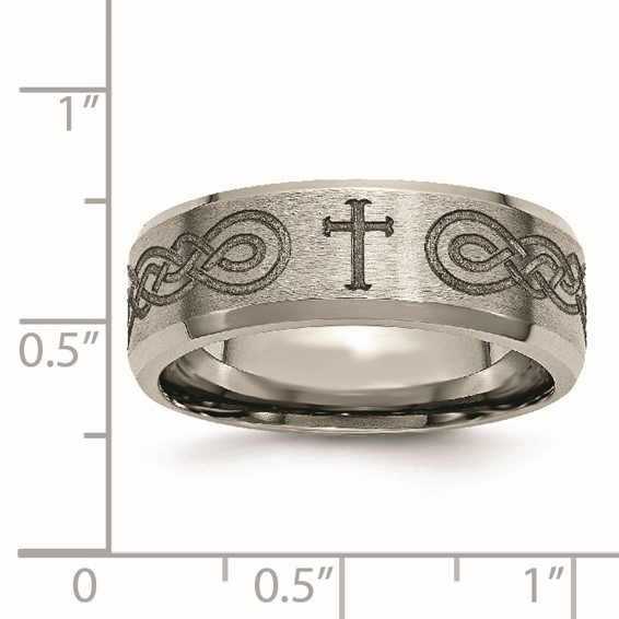 Chisel Titanium Brushed and Polished Cross Laser Design 8mm Beveled Edge Band