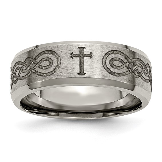 Chisel Titanium Brushed and Polished Cross Laser Design 8mm Beveled Edge Band