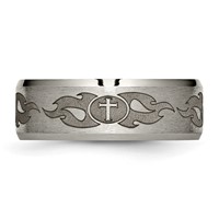 Chisel Titanium Brushed and Polished Cross Laser Design 8mm Beveled Edge Band view 3