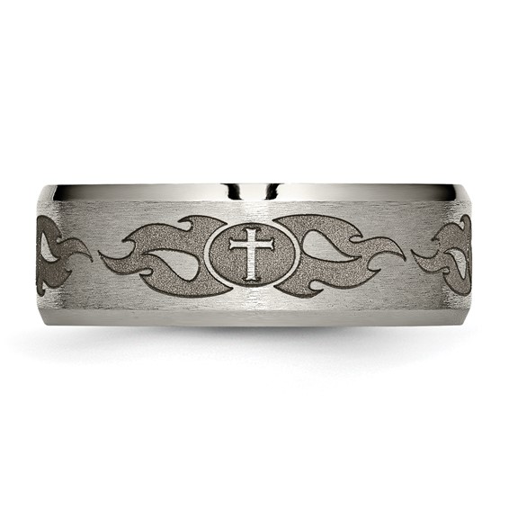 Chisel Titanium Brushed and Polished Cross Laser Design 8mm Beveled Edge Band