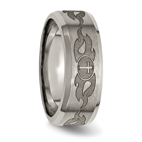 Chisel Titanium Brushed and Polished Cross Laser Design 8mm Beveled Edge Band