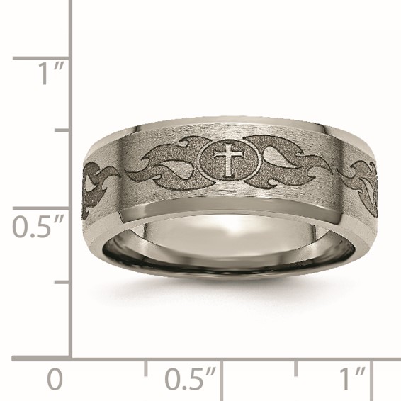 Chisel Titanium Brushed and Polished Cross Laser Design 8mm Beveled Edge Band