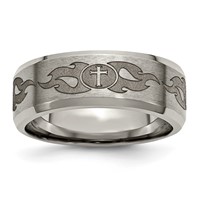 Chisel Titanium Brushed and Polished Cross Laser Design 8mm Beveled Edge Band view 1