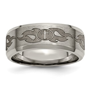 Chisel Titanium Brushed and Polished Cross Laser Design 8mm Beveled Edge Band