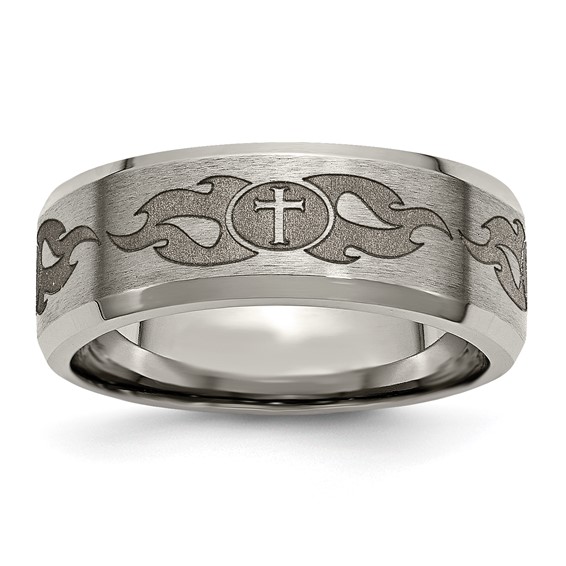 Chisel Titanium Brushed and Polished Cross Laser Design 8mm Beveled Edge Band
