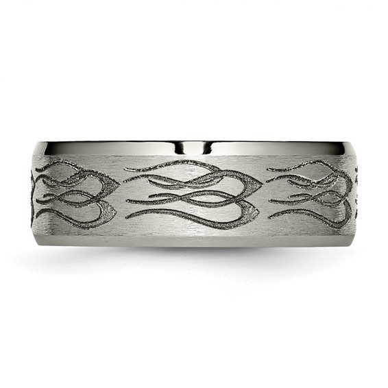 Chisel Titanium Brushed and Polished Flames Laser Design 8mm Beveled Edge Band
