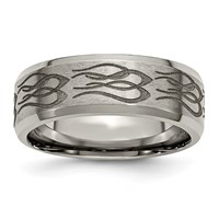 Chisel Titanium Brushed and Polished Flames Laser Design 8mm Beveled Edge Band view 1