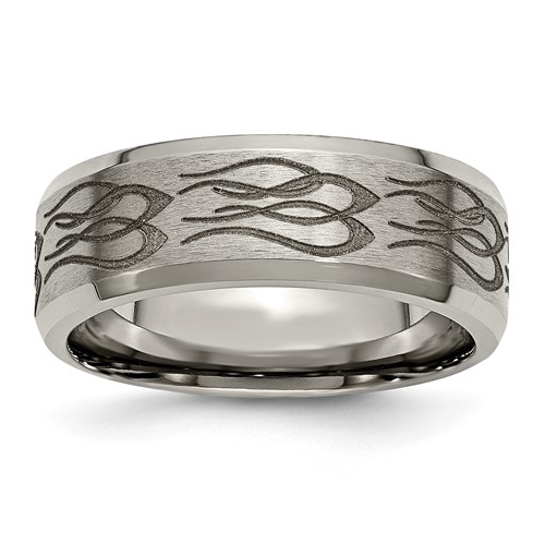 Chisel Titanium Brushed and Polished Flames Laser Design 8mm Beveled Edge Band