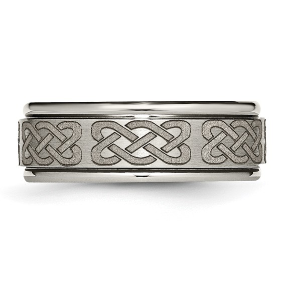 Chisel Titanium Brushed and Polished Celtic Laser Design 8mm Ridged Edge Band