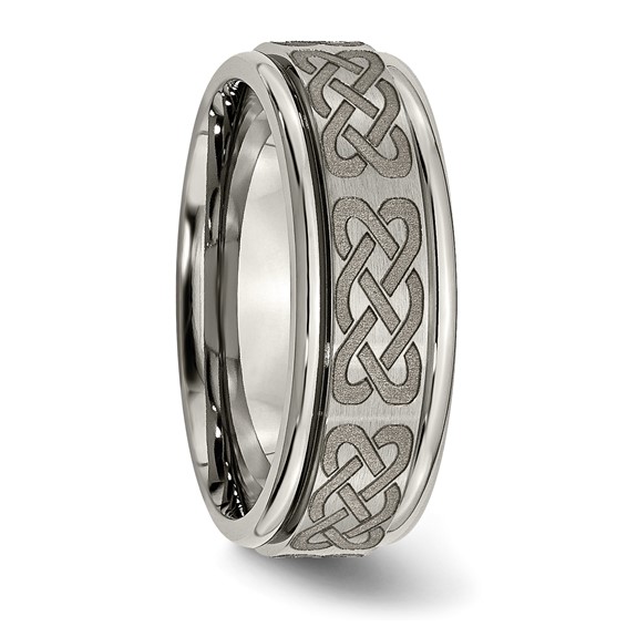 Chisel Titanium Brushed and Polished Celtic Laser Design 8mm Ridged Edge Band