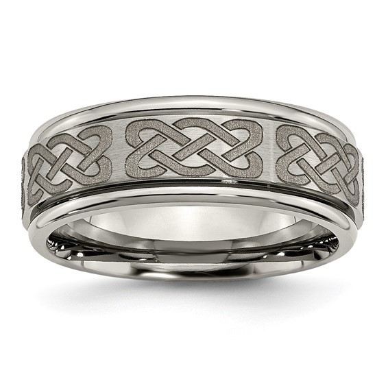Chisel Titanium Brushed and Polished Celtic Laser Design 8mm Ridged Edge Band