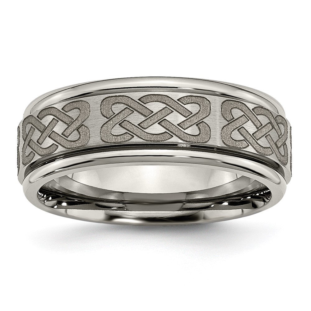 Titanium Brushed & Polished Celtic Laser Design 8mm Ridged Edge Band