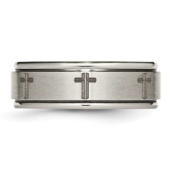 Chisel Titanium Brushed and Polished Cross Laser Design 8mm Ridged Edge Band