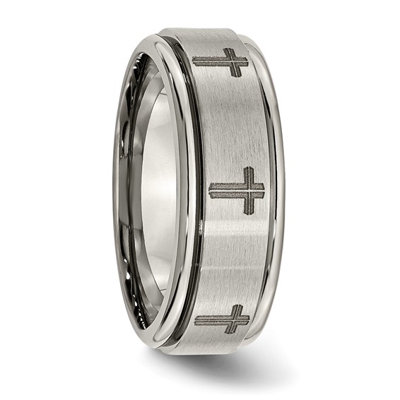 Chisel Titanium Brushed and Polished Cross Laser Design 8mm Ridged Edge Band