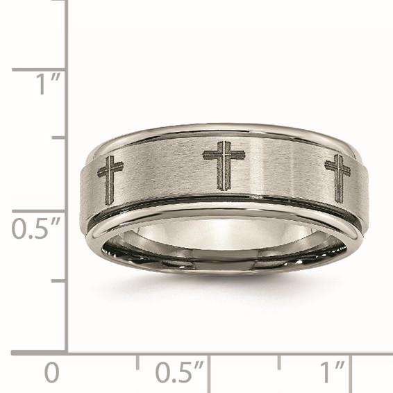 Chisel Titanium Brushed and Polished Cross Laser Design 8mm Ridged Edge Band