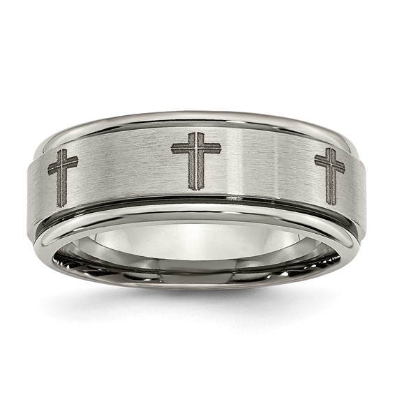 Chisel Titanium Brushed and Polished Cross Laser Design 8mm Ridged Edge Band