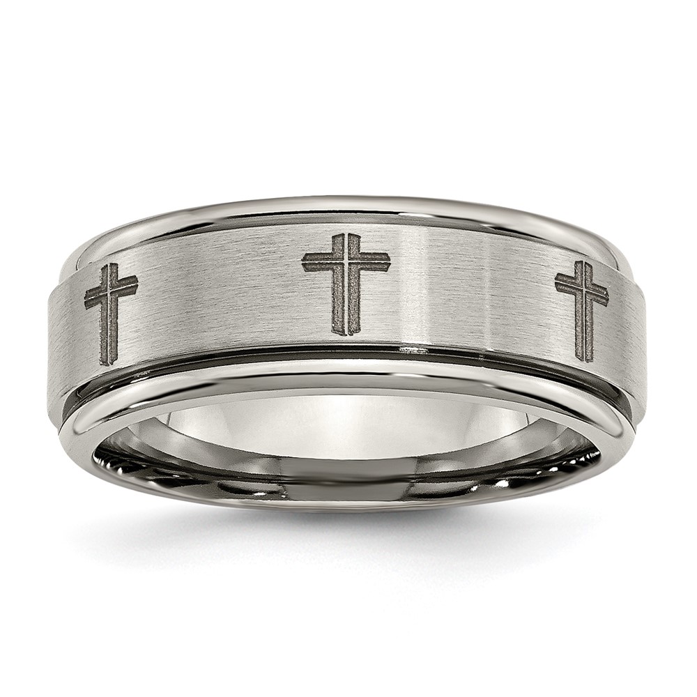 Titanium Brushed & Polished Cross Laser Design 8mm Ridged Edge Band