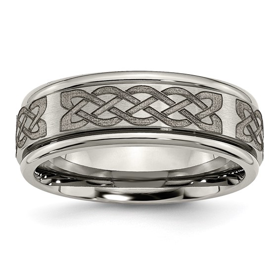 Chisel Titanium Brushed and Polished Celtic Laser Design 8mm Ridged Edge Band
