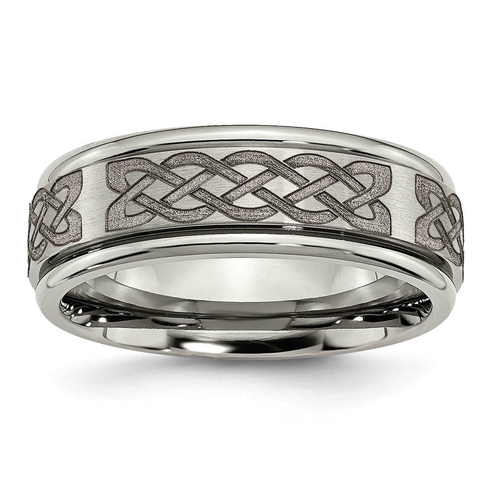 Titanium Brushed & Polished Celtic Laser Design 8mm Ridged Edge Band