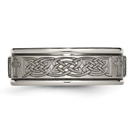 Chisel Titanium Brushed and Polished Cross Laser Design 8mm Ridged Edge Band