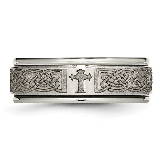 Chisel Titanium Brushed and Polished Cross Laser Design 8mm Ridged Edge Band