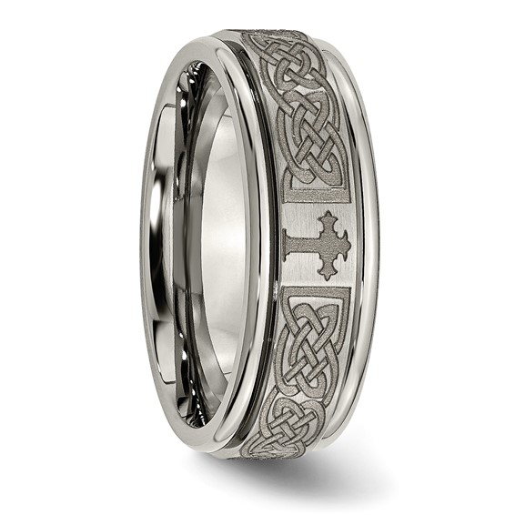 Chisel Titanium Brushed and Polished Cross Laser Design 8mm Ridged Edge Band
