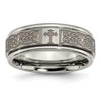 Chisel Titanium Brushed and Polished Cross Laser Design 8mm Ridged Edge Band view 1
