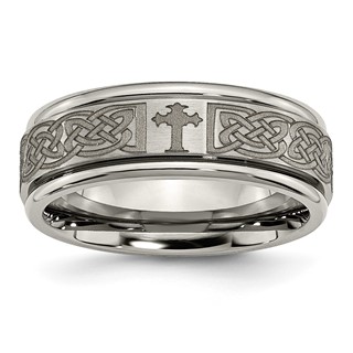 Chisel Titanium Brushed and Polished Cross Laser Design 8mm Ridged Edge Band