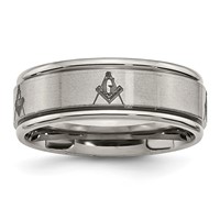 Chisel Titanium Brushed and Polished Masonic Laser Design 8mm Ridged Edge Band view 1