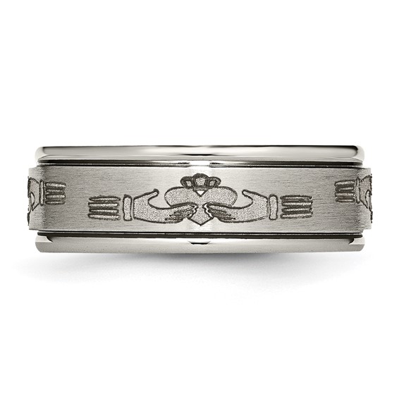 Chisel Titanium Brushed and Polished Claddagh Laser Design 8mm Ridged Edge Band