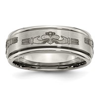 Chisel Titanium Brushed and Polished Claddagh Laser Design 8mm Ridged Edge Band view 1