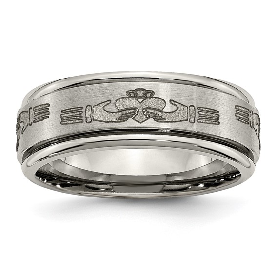 Chisel Titanium Brushed and Polished Claddagh Laser Design 8mm Ridged Edge Band