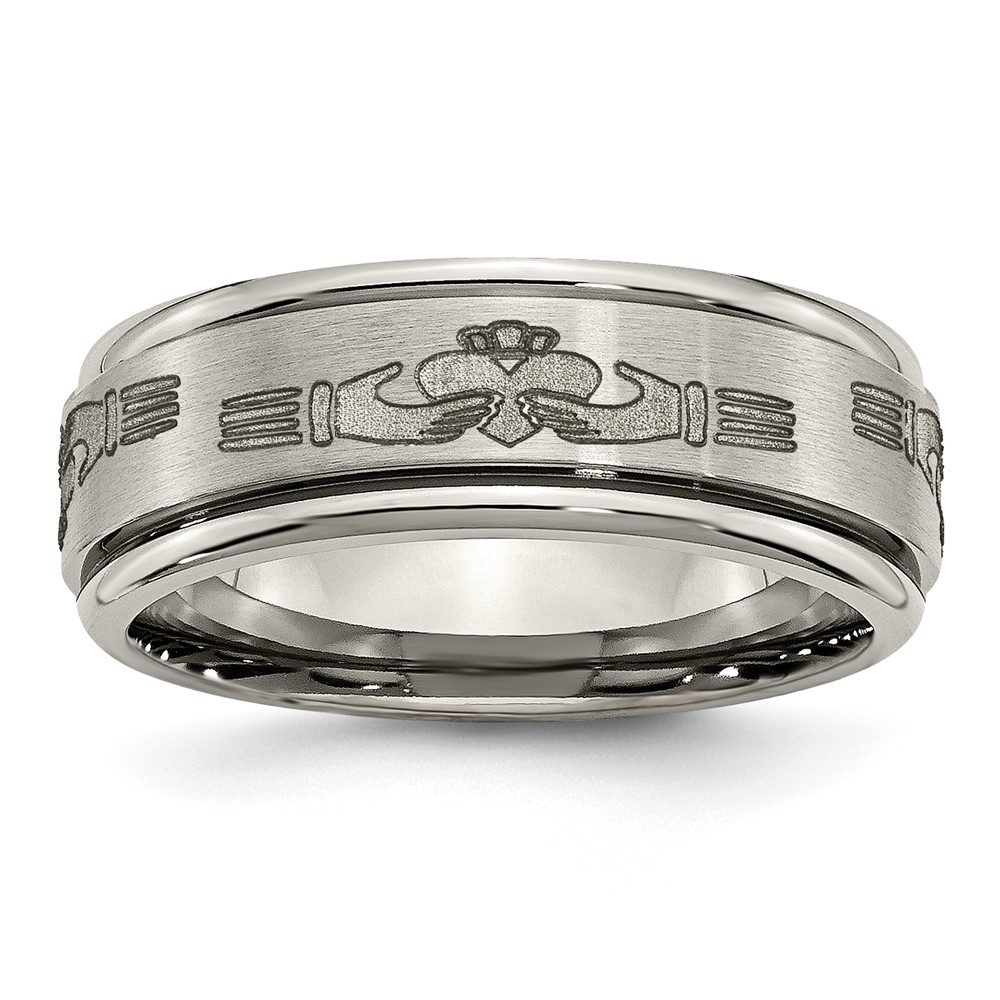 Titanium Brushed/Polished Claddagh Laser Design 8mm Ridged Edge Band