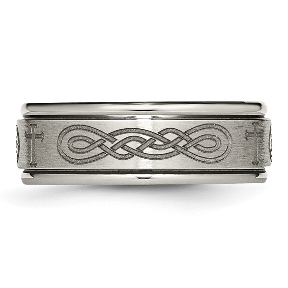Chisel Titanium Brushed and Polished Cross Laser Design 8mm Ridged Edge Band