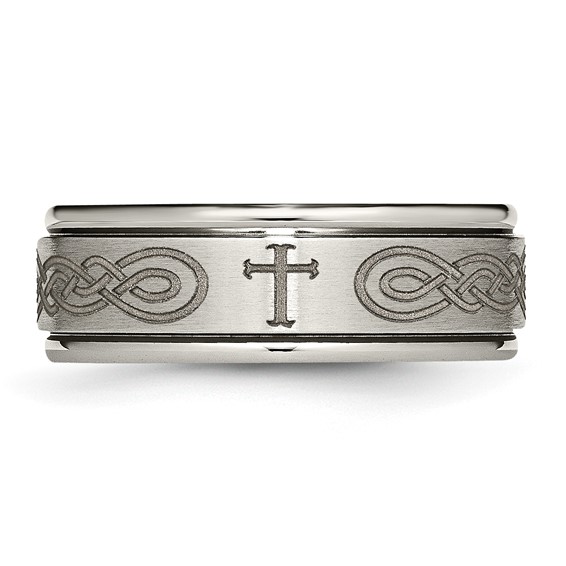 Chisel Titanium Brushed and Polished Cross Laser Design 8mm Ridged Edge Band