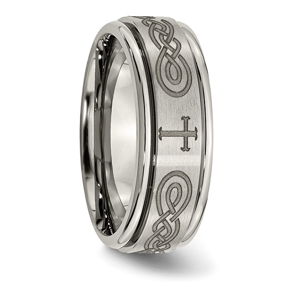 Chisel Titanium Brushed and Polished Cross Laser Design 8mm Ridged Edge Band