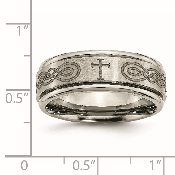 Chisel Titanium Brushed and Polished Cross Laser Design 8mm Ridged Edge Band