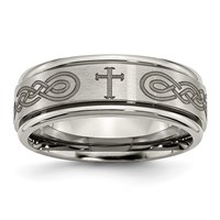 Chisel Titanium Brushed and Polished Cross Laser Design 8mm Ridged Edge Band view 1