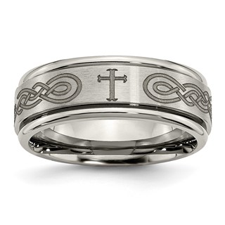 Chisel Titanium Brushed and Polished Cross Laser Design 8mm Ridged Edge Band