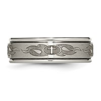 Chisel Titanium Brushed and Polished Cross Laser Design 8mm Ridged Edge Band view 3