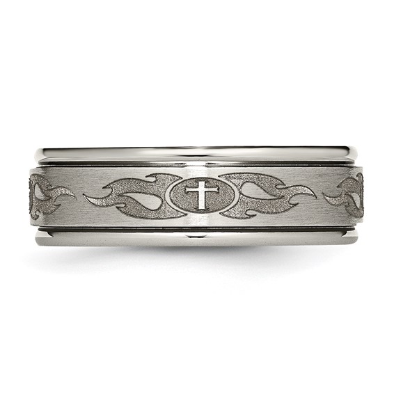 Chisel Titanium Brushed and Polished Cross Laser Design 8mm Ridged Edge Band