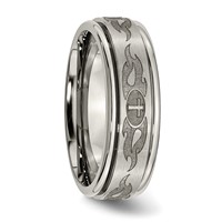 Chisel Titanium Brushed and Polished Cross Laser Design 8mm Ridged Edge Band view 4