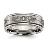 Chisel Titanium Brushed and Polished Cross Laser Design 8mm Ridged Edge Band view 1
